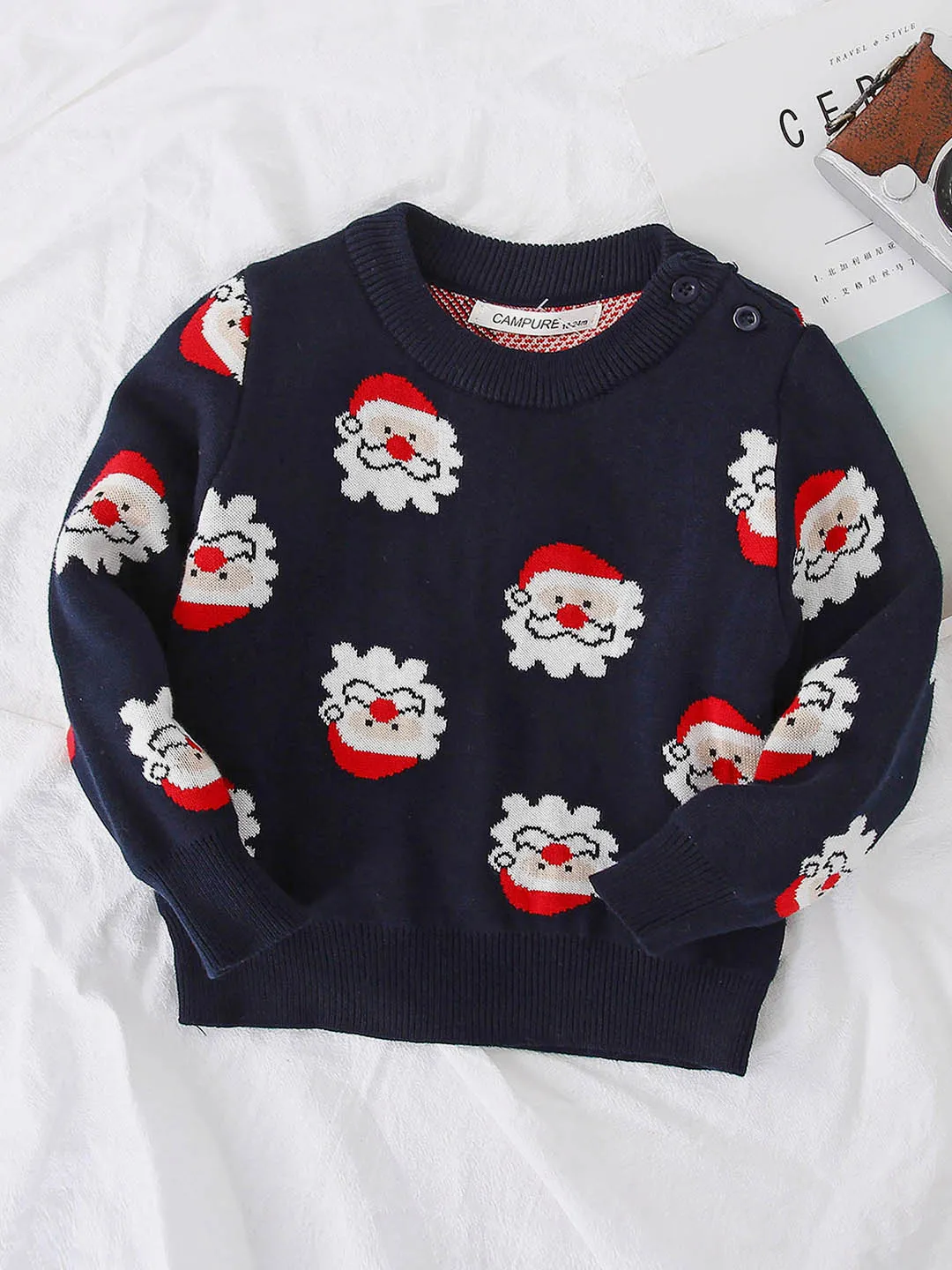 Little Surprise Box Navy Multi Santa Faces Knitted Warmer, Cardigan Christmas Sweater for Kids