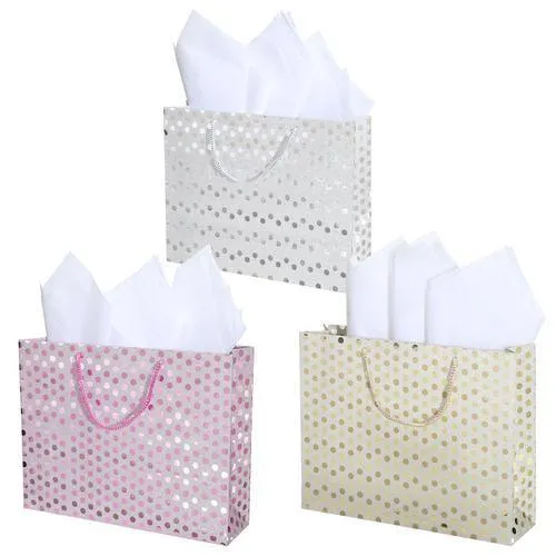 Medium Glitter Polka Dots Gift Wrap Bags in Assorted Colors, Set of 3