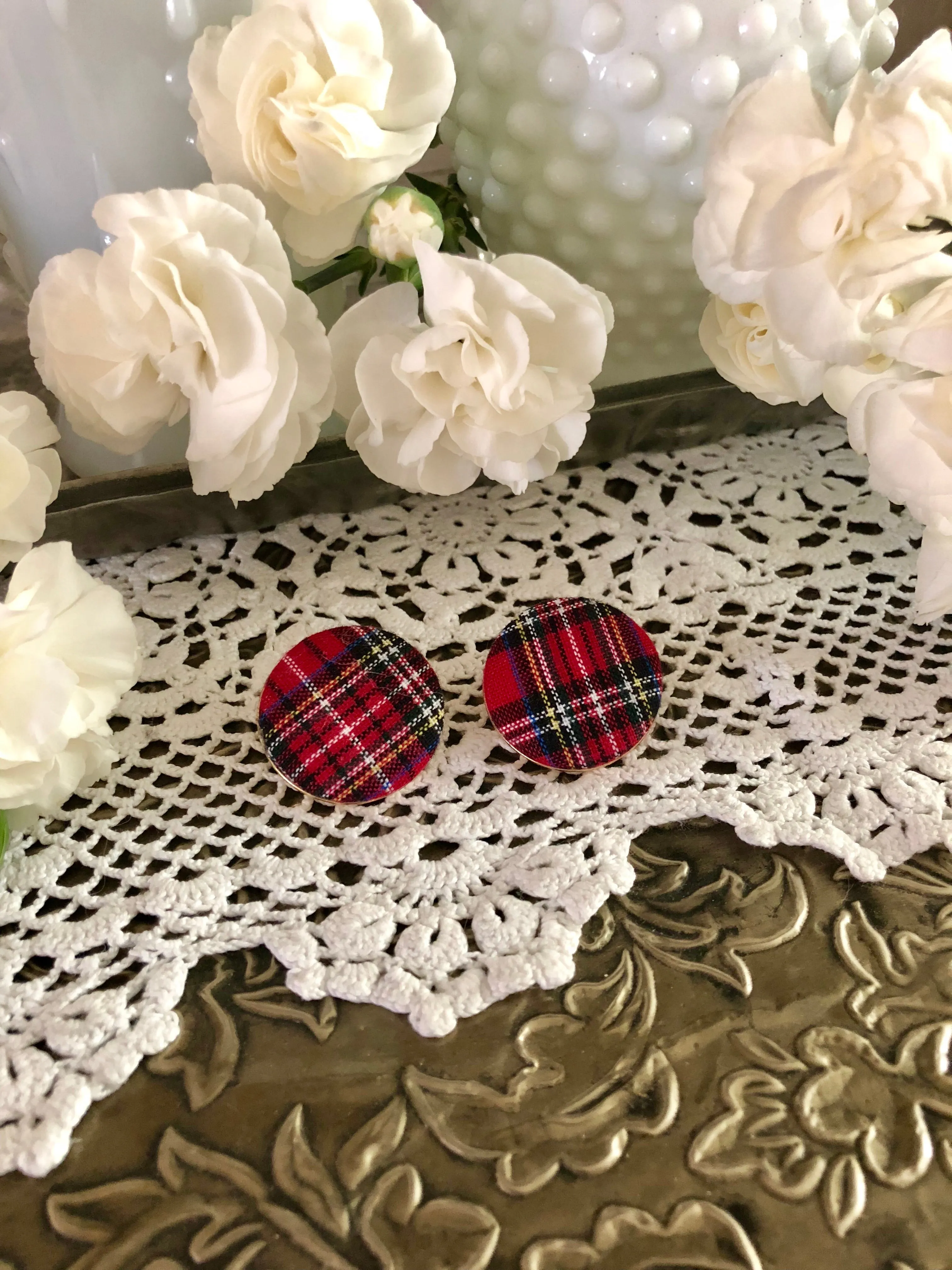 Merry Tartan Plaid Button Earrings