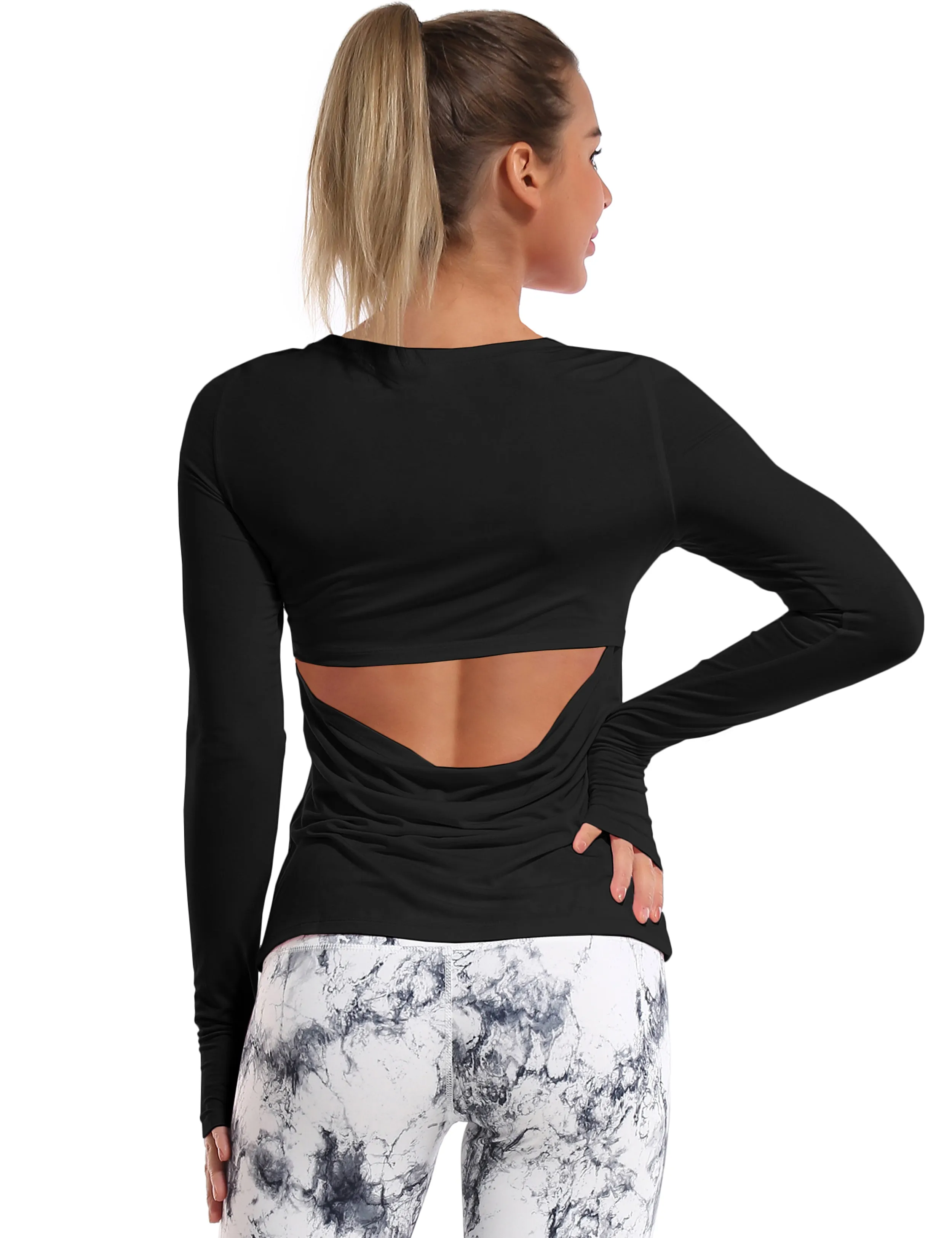 Open Back Long Sleeve Tops black_Running