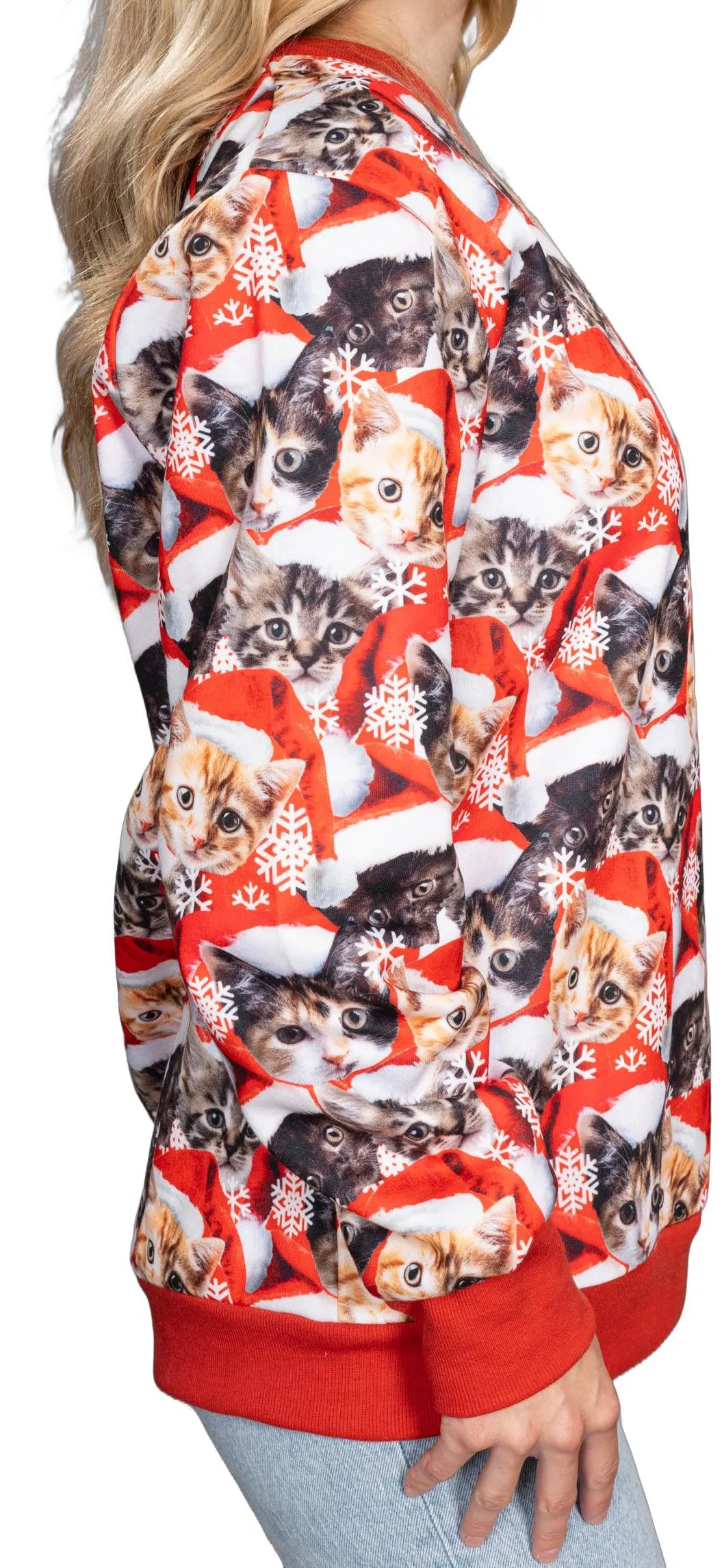 Poly Knit Long Sleeve Pullover with Cats All Over Graphic