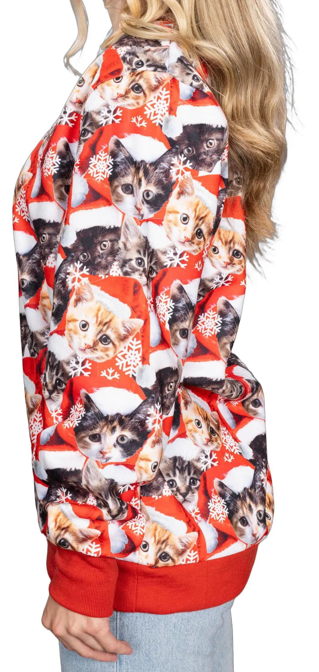 Poly Knit Long Sleeve Pullover with Cats All Over Graphic