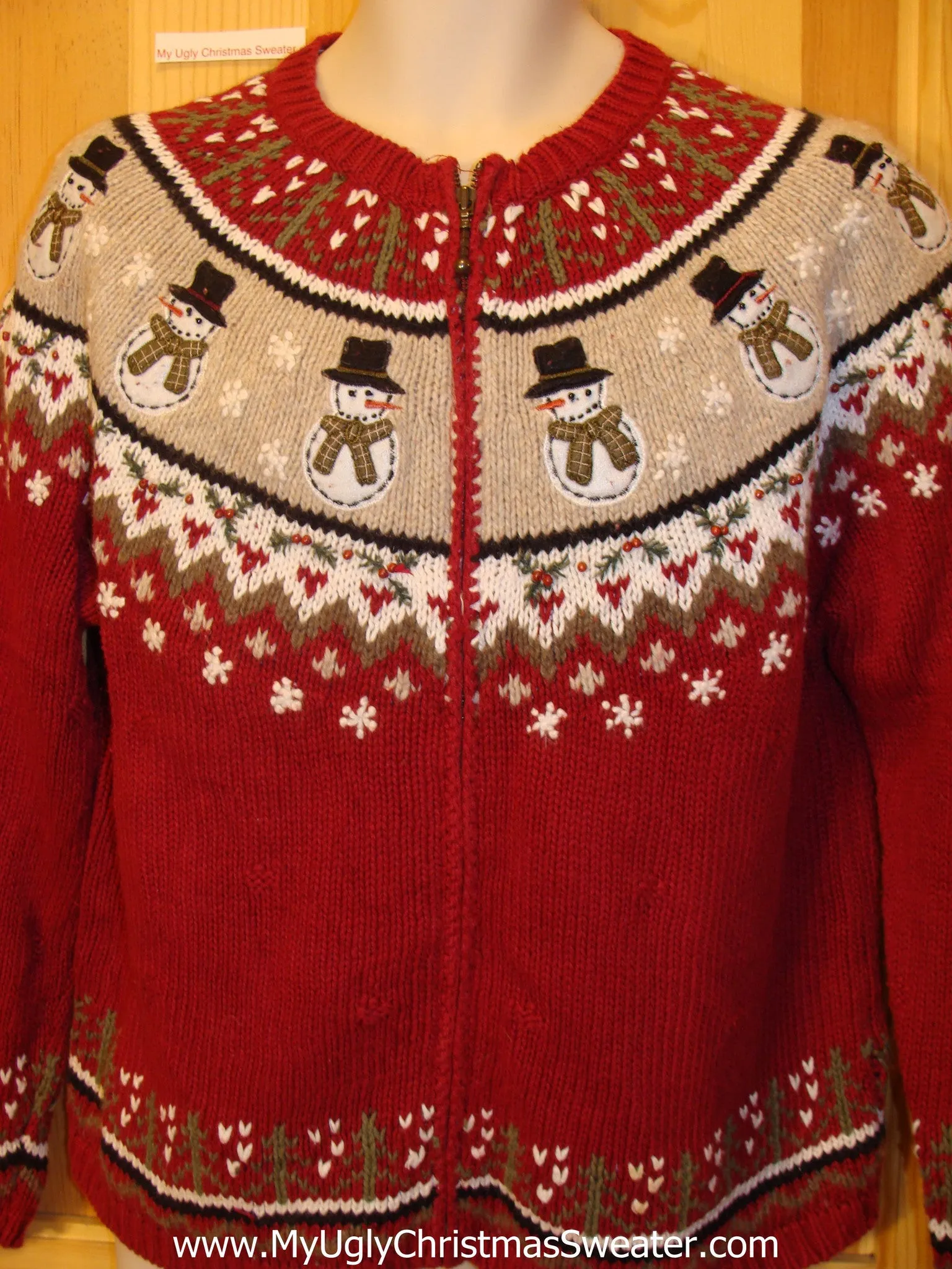 Red Funny Ugly Sweater with Nordic Snowmen 2sided