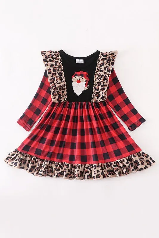 Toddler & Girls Red Plaid & Lepord Santa Dress